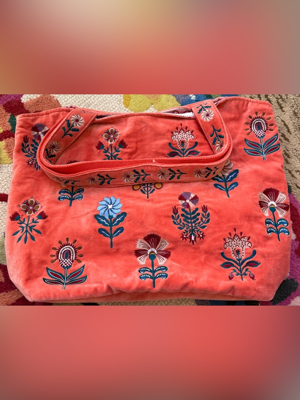 Johnny Was Coral Pink Embroidered Velvet Tote Bag Boho Travel Shoulder Purse
